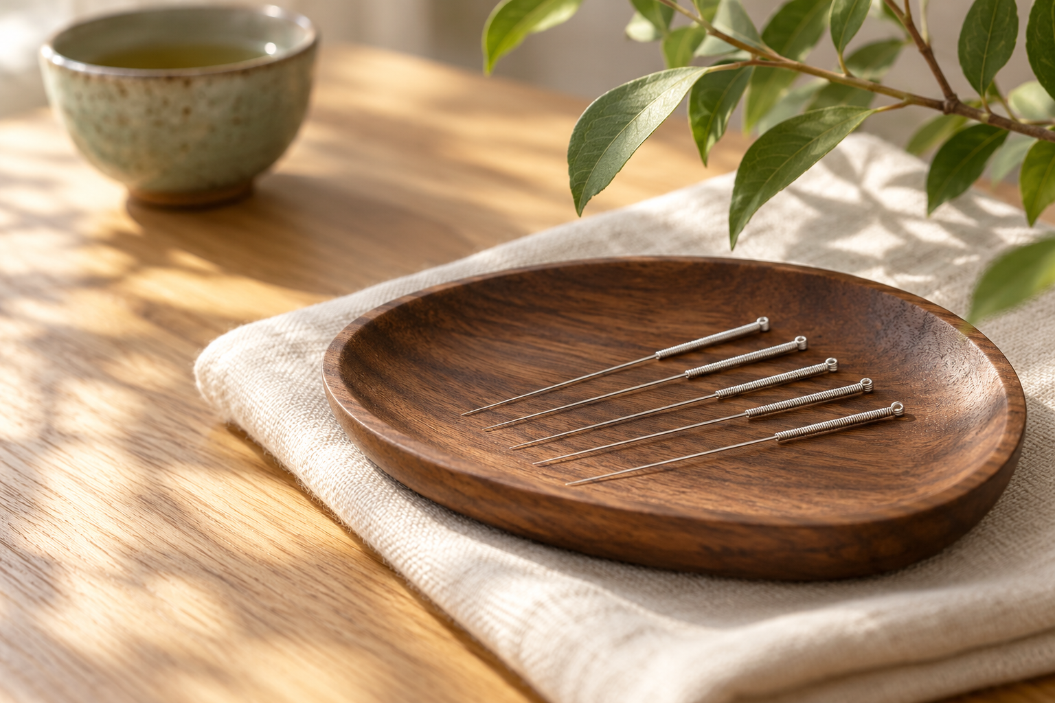 Acupuncture needles on a wooden dish with green leaves