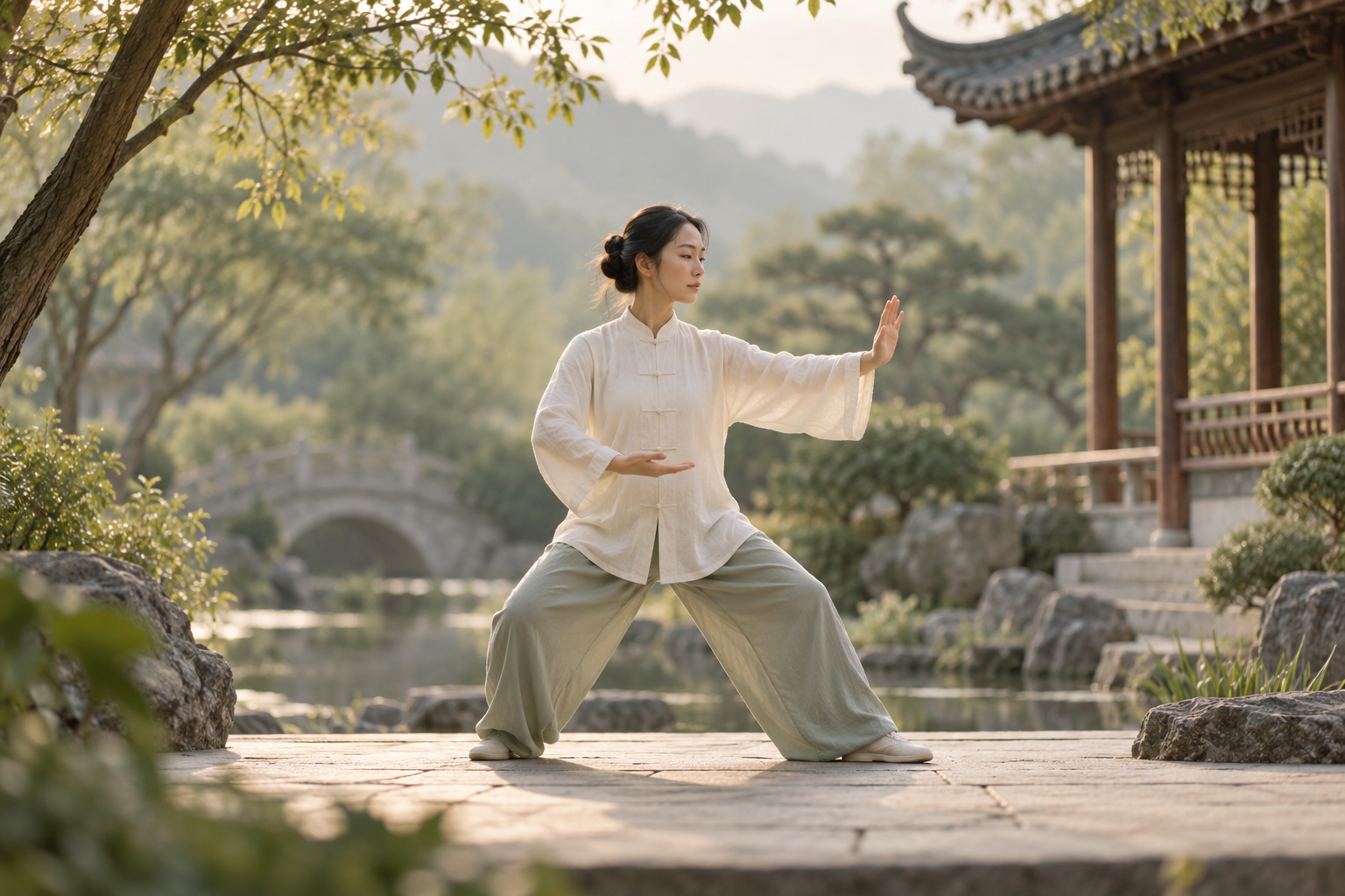 Gentle tai chi in a garden